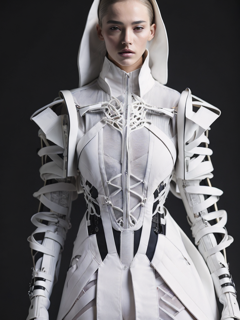 Wearable architecture, architectural fashion accessories exoskeleton, structured, skeletal futuristic streetwear fashion runway look, elegant, intricate, 3d printed, bone like structured fashion, slits, fragments, fractures, geometric, wireframe fashion, skin underneath, see through, vogue japan, gundam, hd, cover, epic, focus, ultra sharp, hyper detailed, epic, focus, ultra sharp, hyper detailed, dystopian fashion, fifth element, futuristic, luxury, elite, cinematic, exoskeleton fashion, nike, y3, yeezy