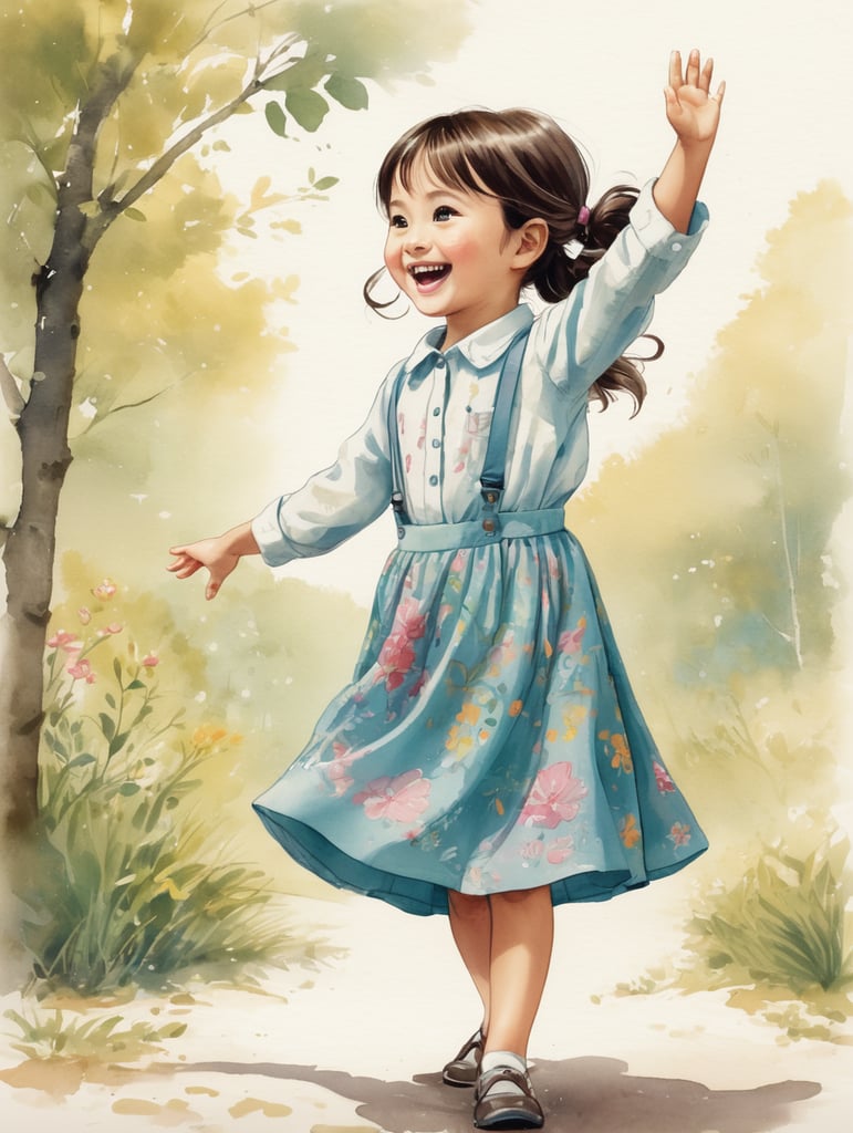 Illustrate the joyous image of a charming young girl seen from behind, happily reaching forward with her hand pointing to the right. The depiction is in an adorable ink sketch style, adorned with cheerful colors. The illustration portrays the full body of a nine-year-old girl with her hands raised on the right side. She is dressed in a skirt and a long-sleeved shirt, enhancing the overall cuteness of the artwork.
