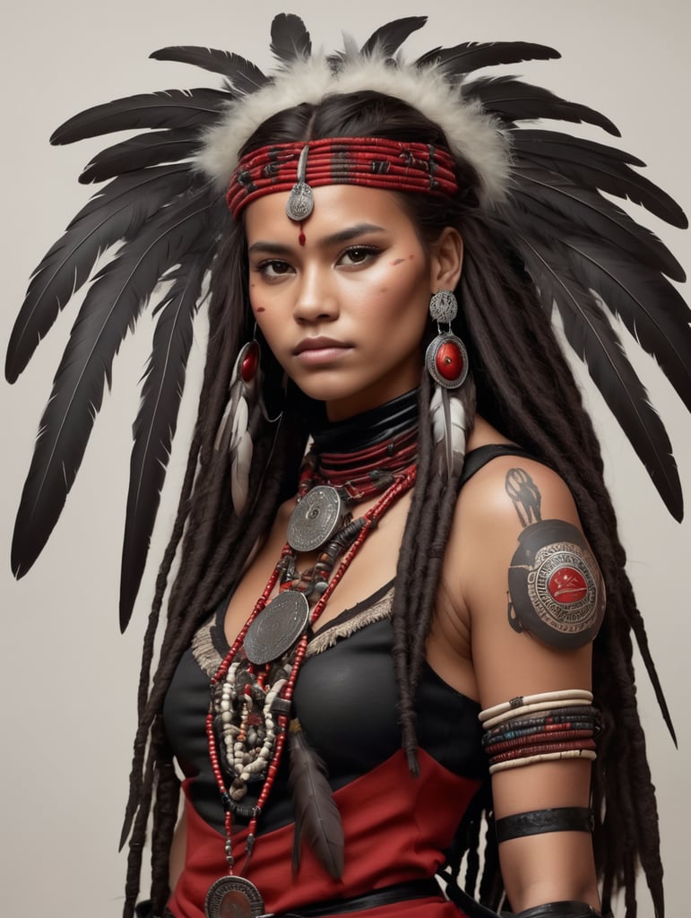 illusion of a indigenous girl in 100 years later, with a red black harness on top, long dread hair with feathers, high heels boots, accessories on her arm