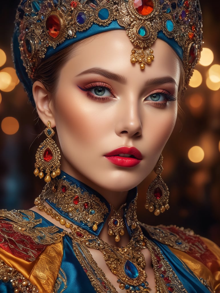 bright and saturated colors, elegant, highly detailed, vogue, fashion magazine, sharp focus, bright expressive makeup, dramatic lighting, depth of field, incredibly high detailed, blurred background
