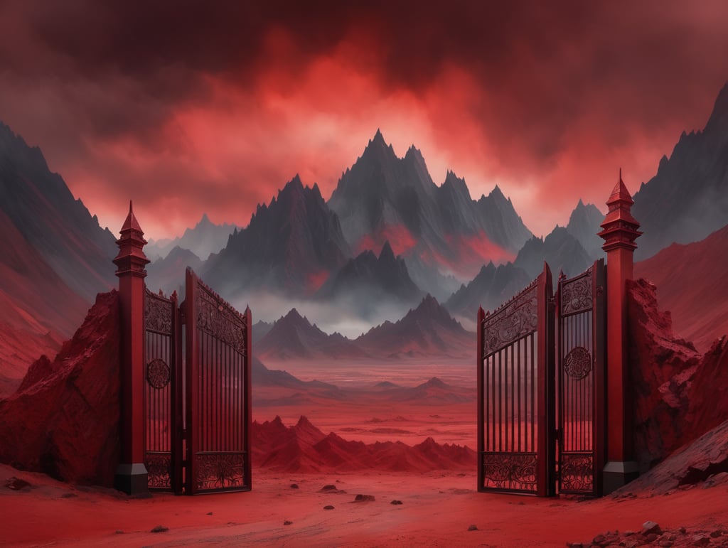 The gates of Hell stand open. Beyond them is a red wasteland, with black jagged mountains rising up to meet a red cloudy sky.
