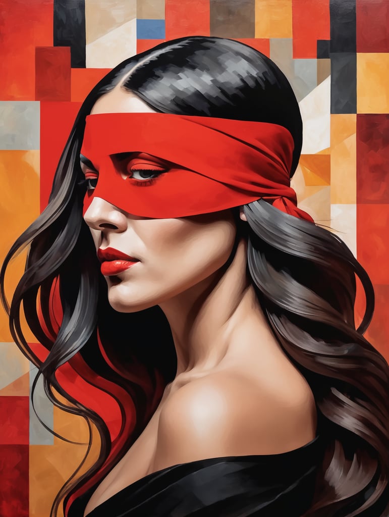 Woman Portrait Cubism Pablo Picasso Style,with blindfold and long hair, red and black hair