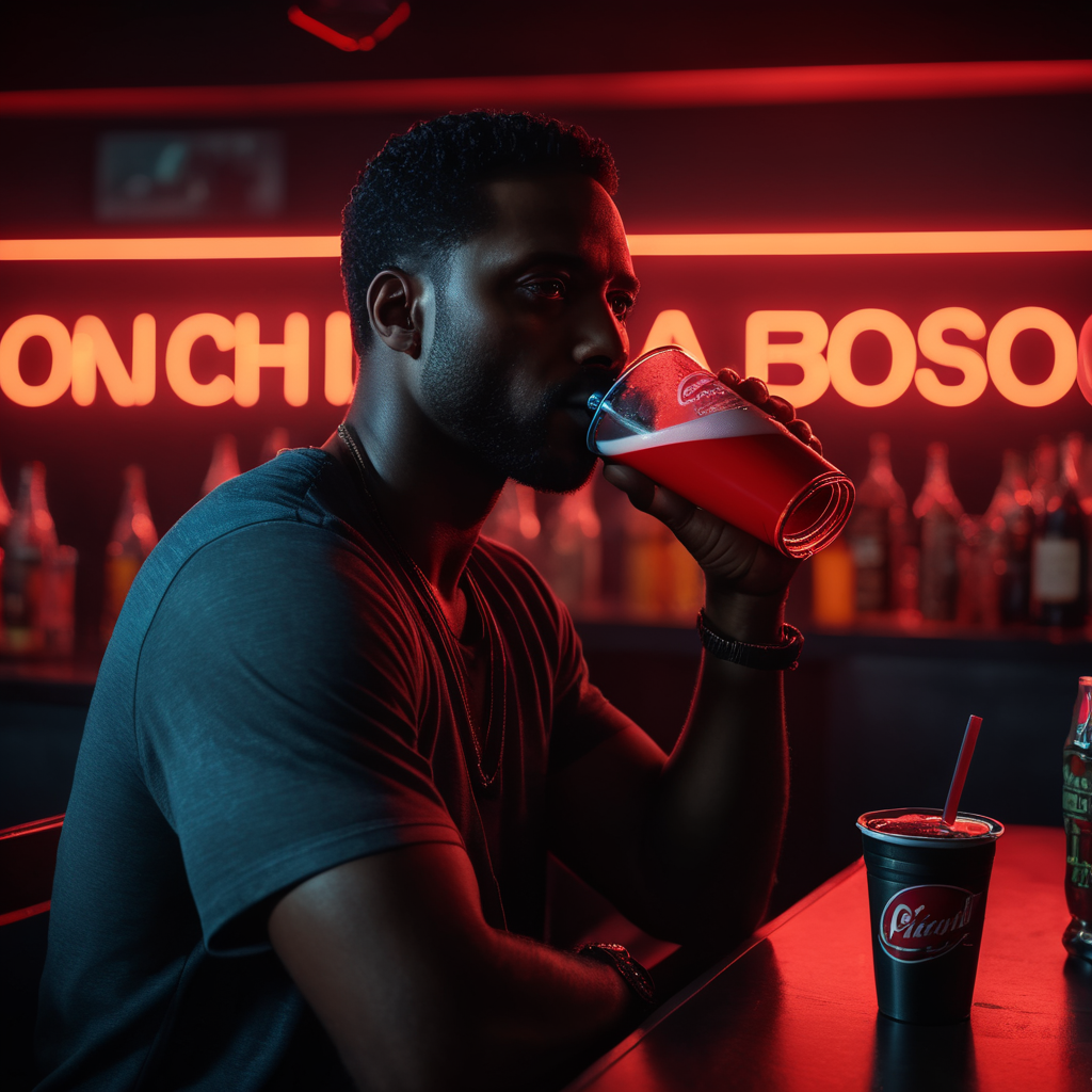 Miami, 1984, neon lights, black man, drinking, red cup