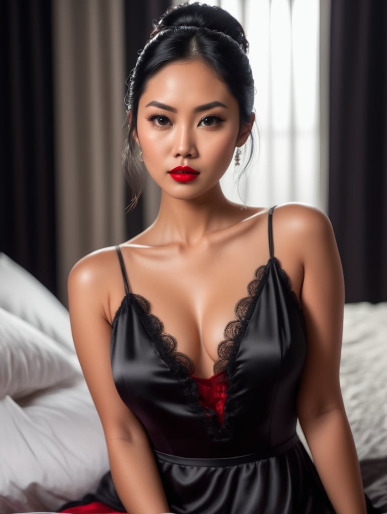 High quality image, an attractive 28 asian woman, black hair medium length below shoulders, red lipstick, medium bust, wearing a red nightie, sitting on a bed in a dimly lit bedroom, looking at camera, dramatic lighting, blurred background
