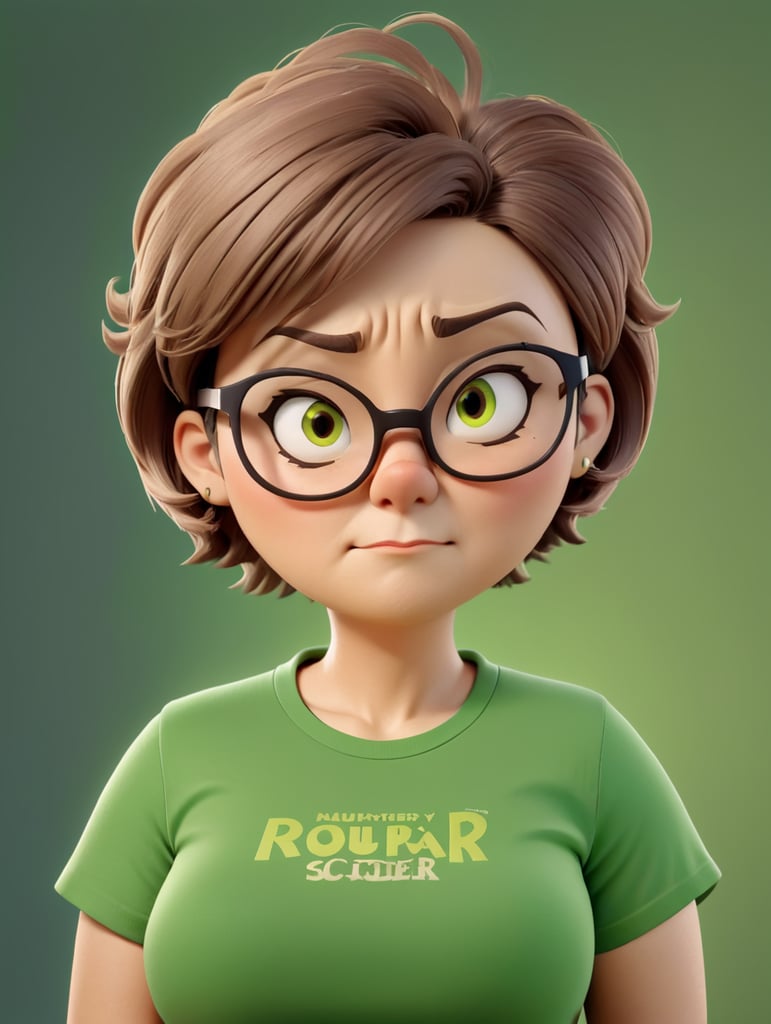a women with short hair, wearing reading glasses, angry face, green t-shirt, torso