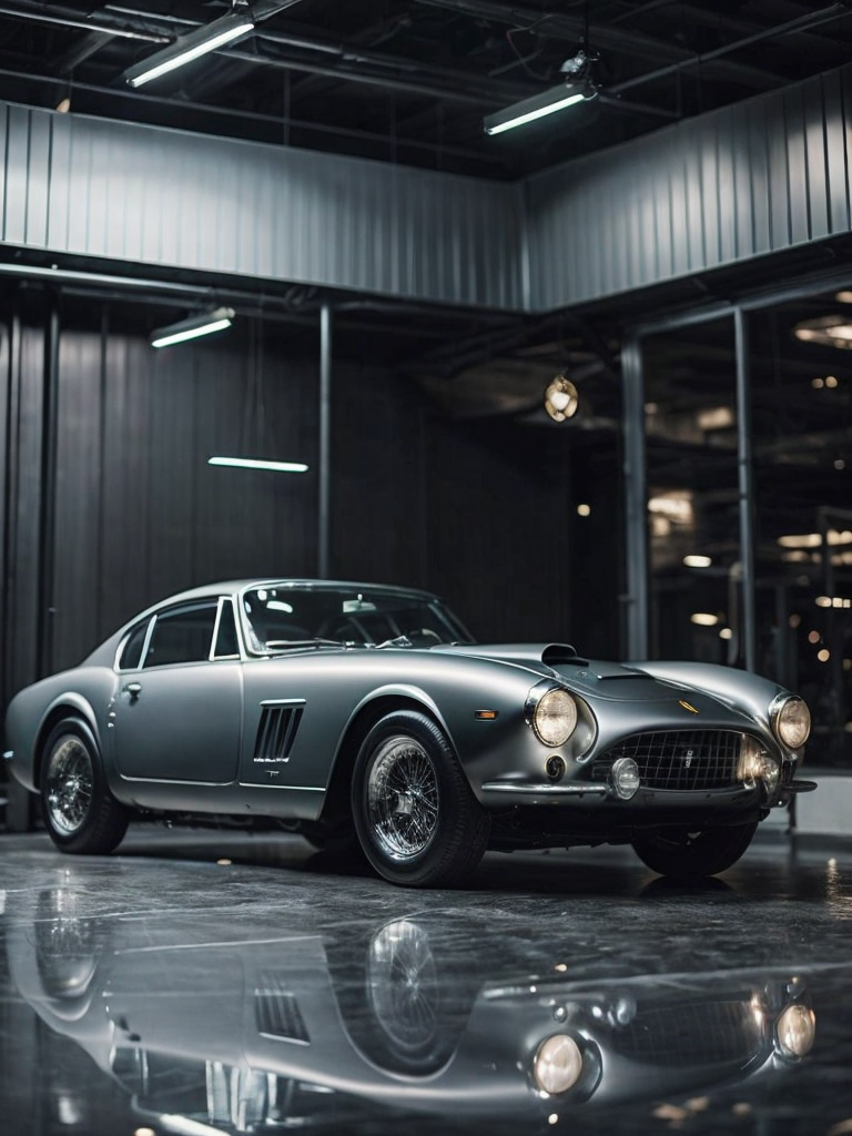 A realistic photo of ferrari 250 gt berlinetta (1956) silver in a showcase garage, reflections on the black metallic silver floor, mirrored walls in the background, black lighting, cinematic, 8k, black lighting