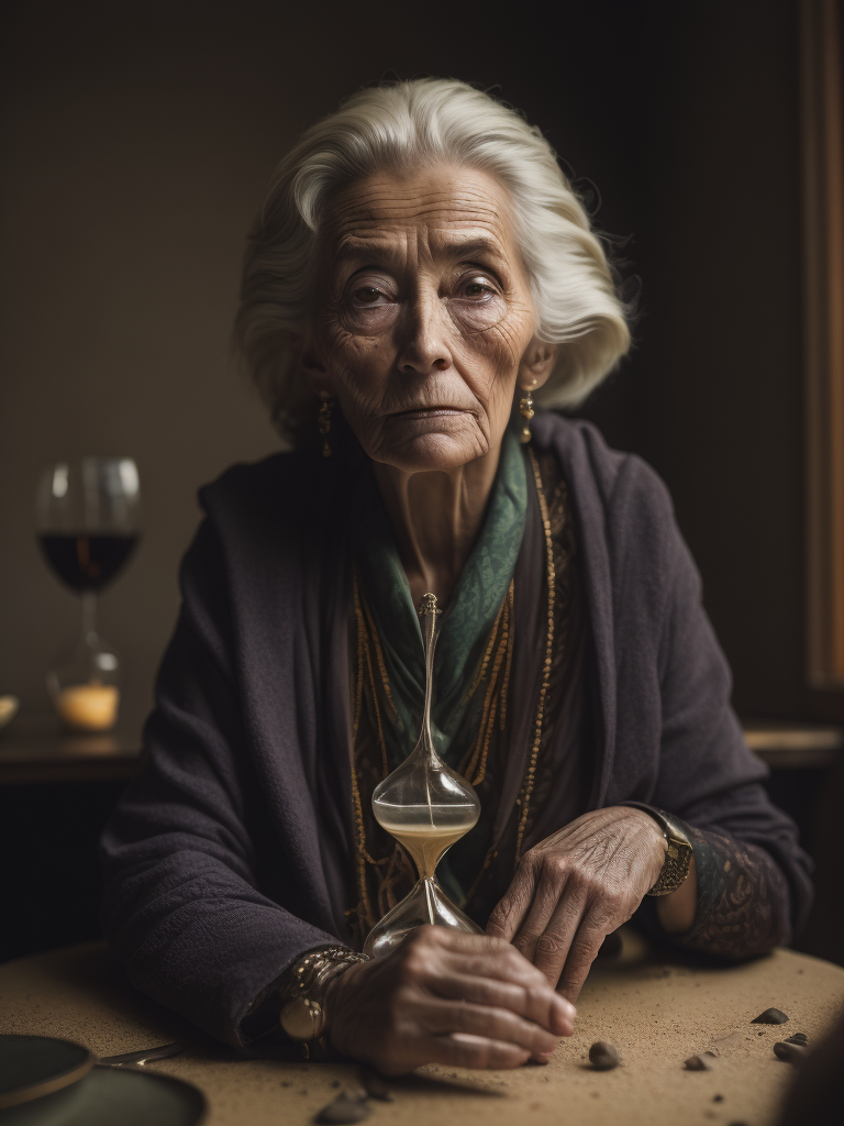 "The old lady sits at the table, with an hourglass standing in front of her. The sand inexorably moves, dwindling, while old age deepens, and a sense of hopelessness prevails."