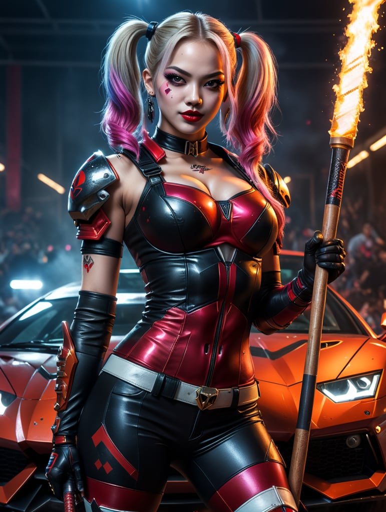 Blackpink Lisa as Harley Quinn with a baseball bat in her hands and a Lamborghini behind her