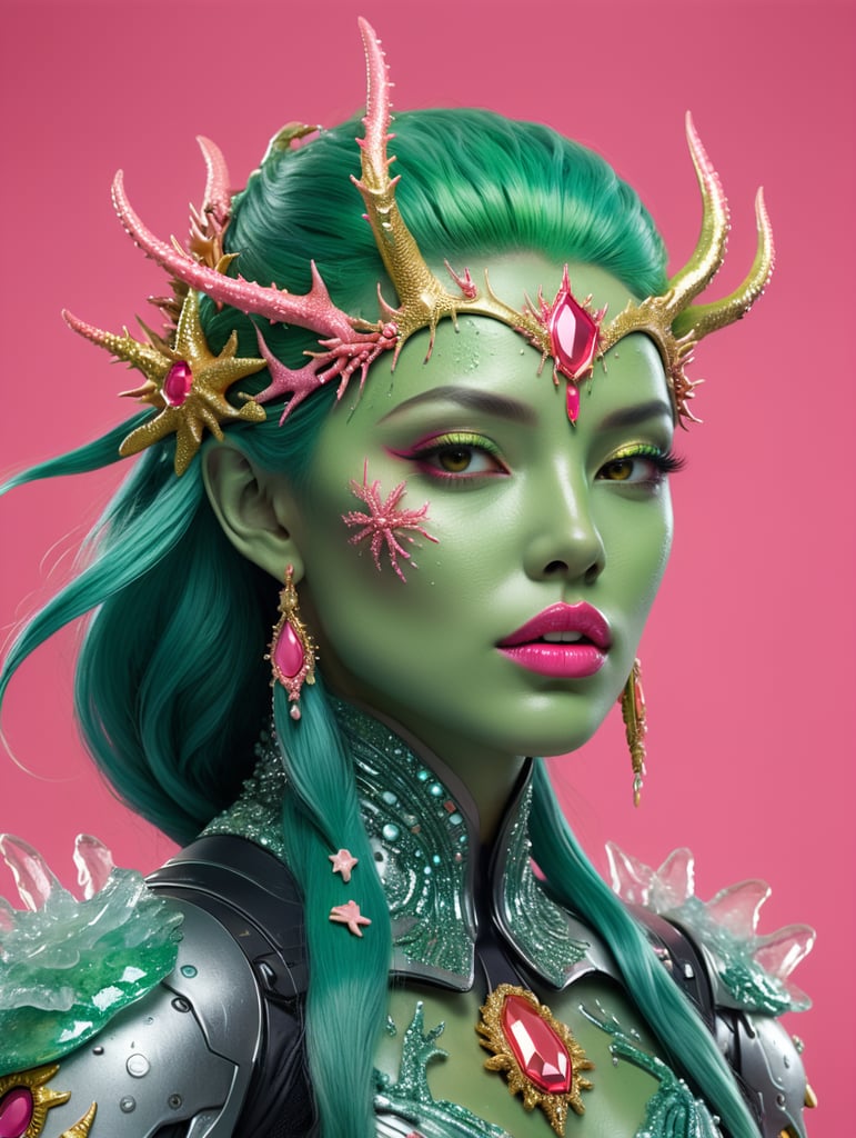 Make image look realistic Include green skin tone Include pink lips Include hot pink background Include pink seastar on forehead include gold coral headdress Include aqua colored hair Include ice shards on shoulders of grey colored hero suit