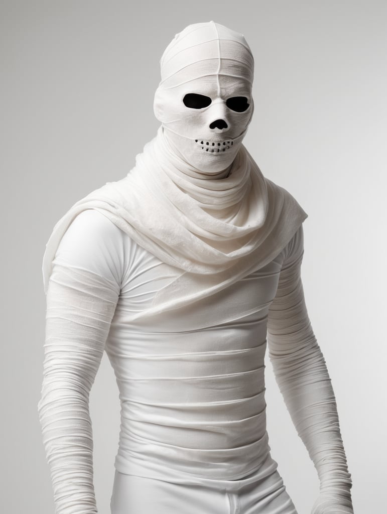 A photograph of man covered in bandages with realistic style, halloween costume, white background, full body, show hands, show neck and head