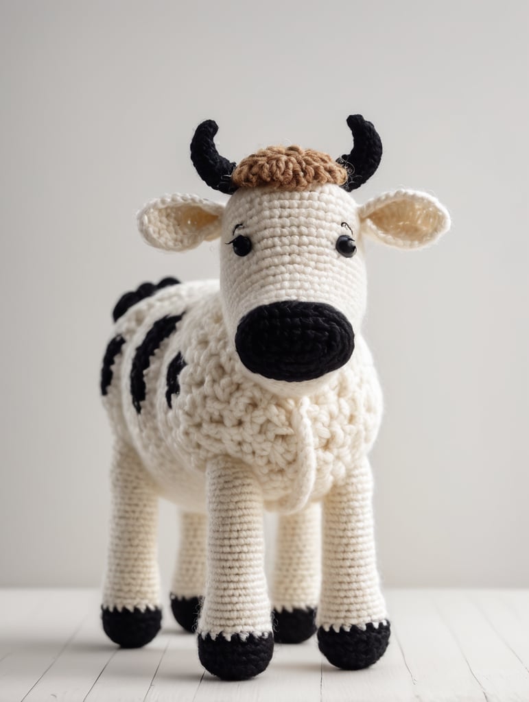 Realistic photo shoot, crochet cow stands, natural wool material, textured crochet, white background, three-dimensional shapes, handmade, arranged on the surface, strict simplicity, high detail, at the eye level of the camera