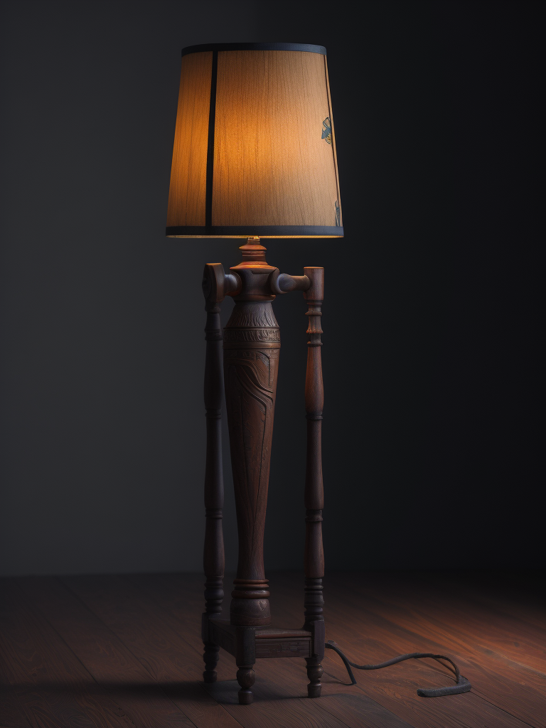 Floor lamp with carved wooden leg, first nation motives, north america redskin
