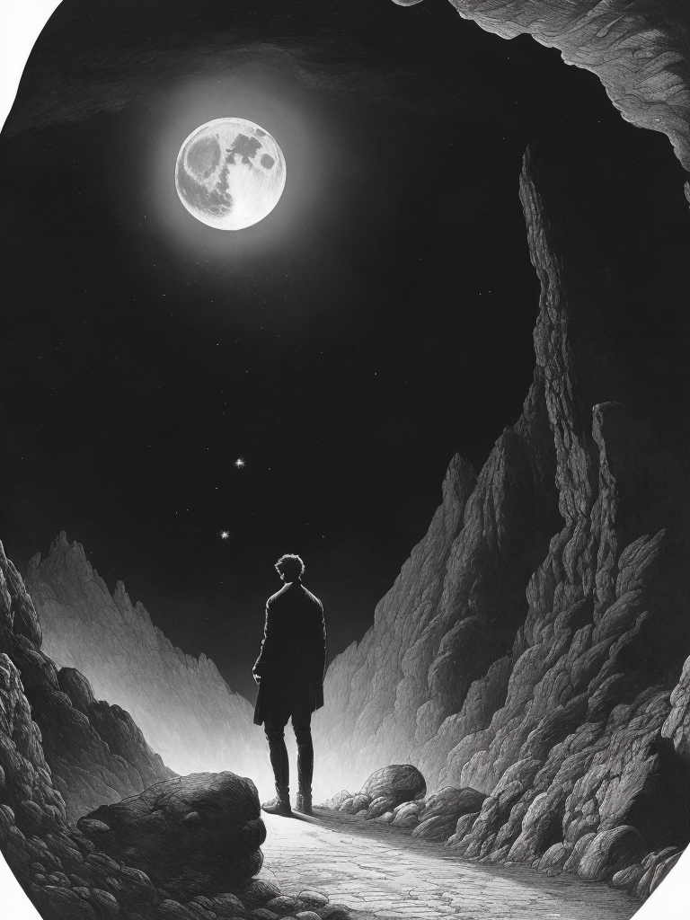 black and white illustration of a man standing in a cave looking at the moon by Gustave Dor