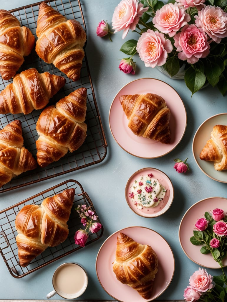 Cookbook photo, top - view, wire cooling rack, croissants, with a floral, allow, banner, pink and pastel blue, farmcore