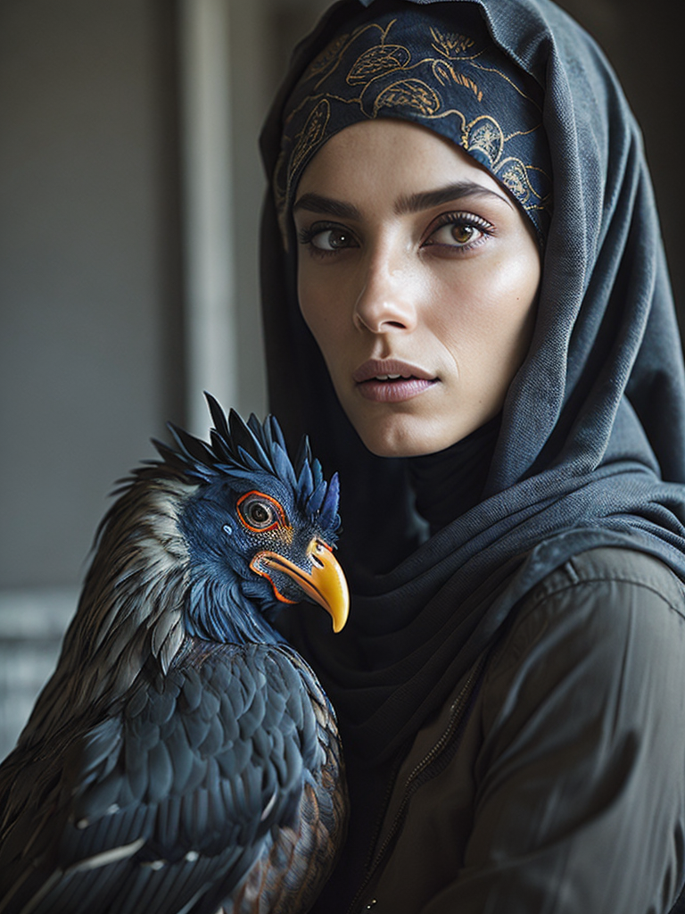 hyper-realistic, ultra-detailed photograph Portrait of a Beautiful women from wearing black niqab hijab hugging a Rooster in the Renaissance ottoman mosque background, detailed gorgeous face,