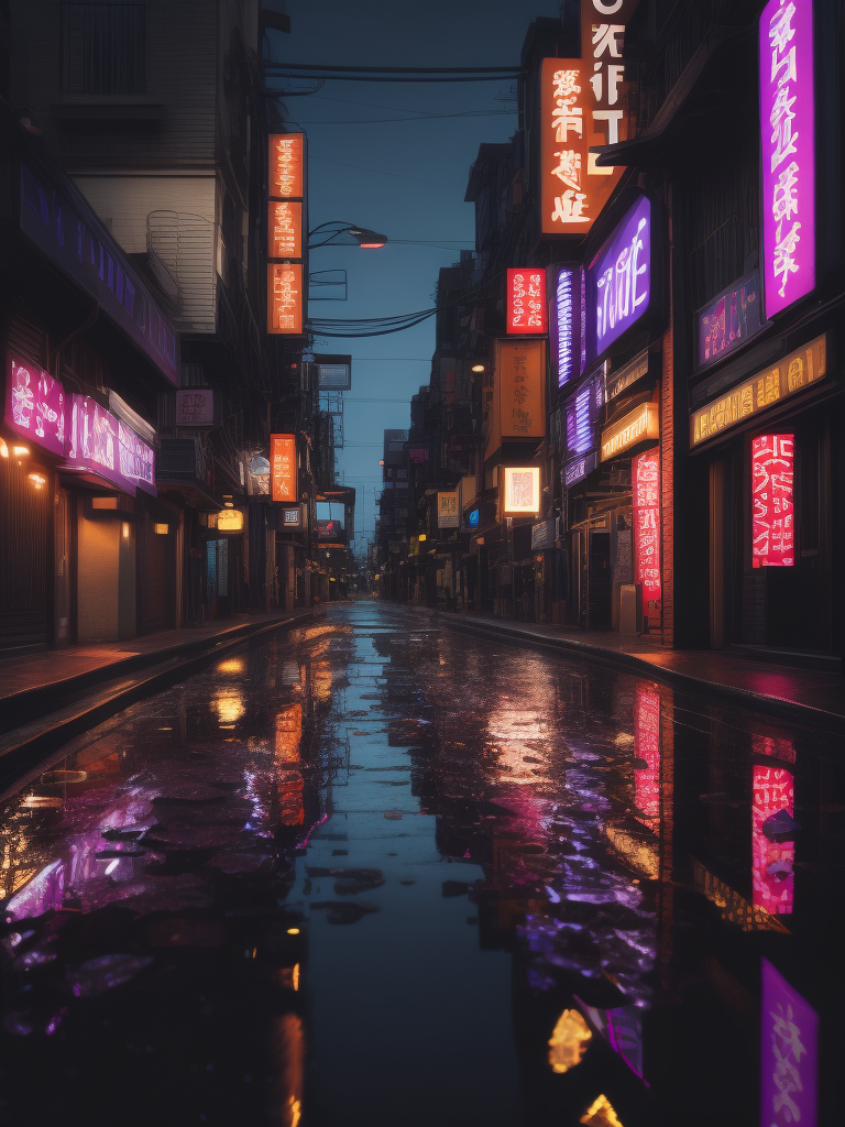 Little Tokyo street at night in neon light, neon advertising, purple-pink-blue tones, puddles on the road, incredible details, sharp focus