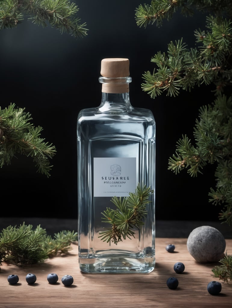 professional photography of a square gin bottle, square bottle, surrounding a juniper and juniper berries, one shot of gin in a front, no label, clear, mockup