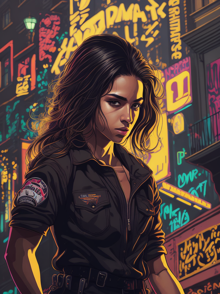 Poster style illustration of a Latina brunette teenage girl in defiant pose with urban art in the background, Mexico City. Street art style, poster, Banksy style. neon colors, rim light