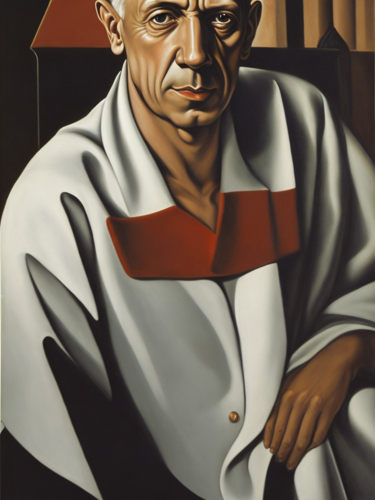 A painting of a Pablo Picasso, aged Pablo Picasso in the art deco style of Tamara de Lempicka.