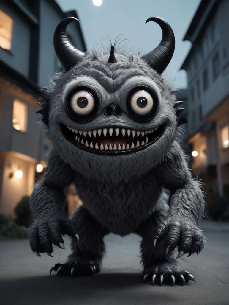 very cute, realistic grey monster whit many eyes standing in background complete black, unsettling, wide angle, night time, shot on Leica