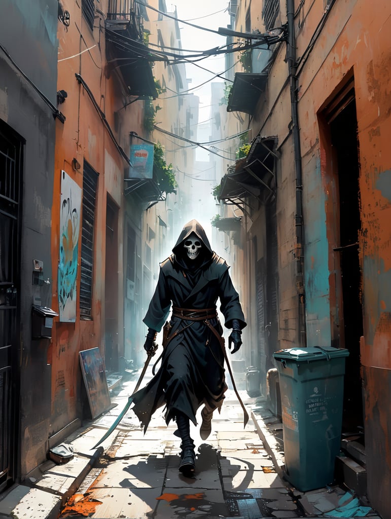 Grim Reaper running into an alleyway seen from a whole new angle