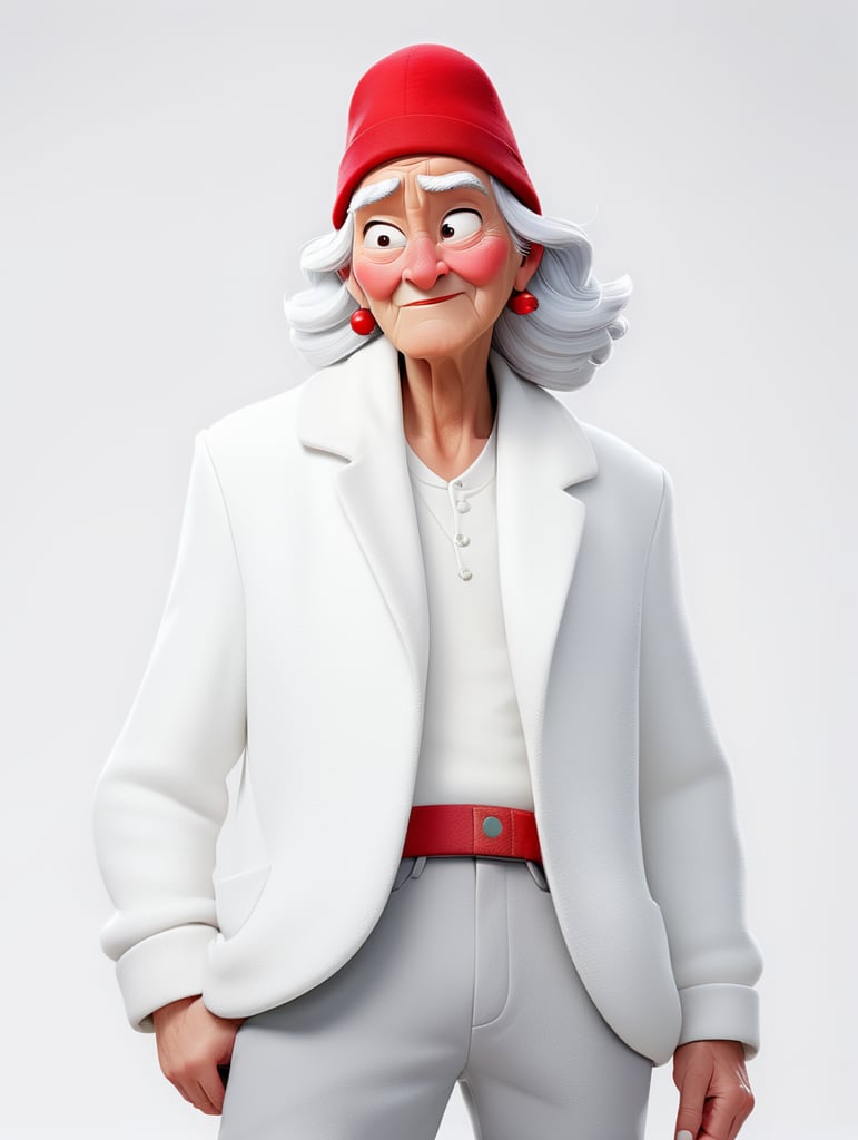 a young women with white hair and red hat on his head is wearing a white lacket, isolated, white background