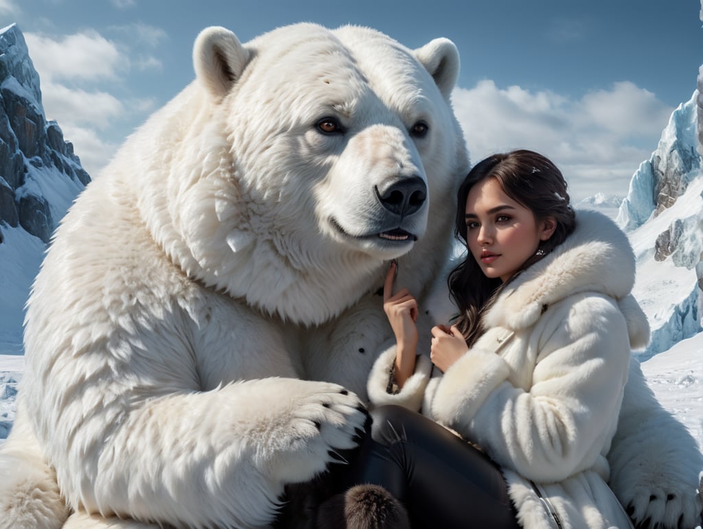 portrait of young woman with dark hair sitting, right hand making a V signd, wearing a thick white fur coat, a polar bear sitting right next to her, polar location, ice and snow, cold environment, highly detailed