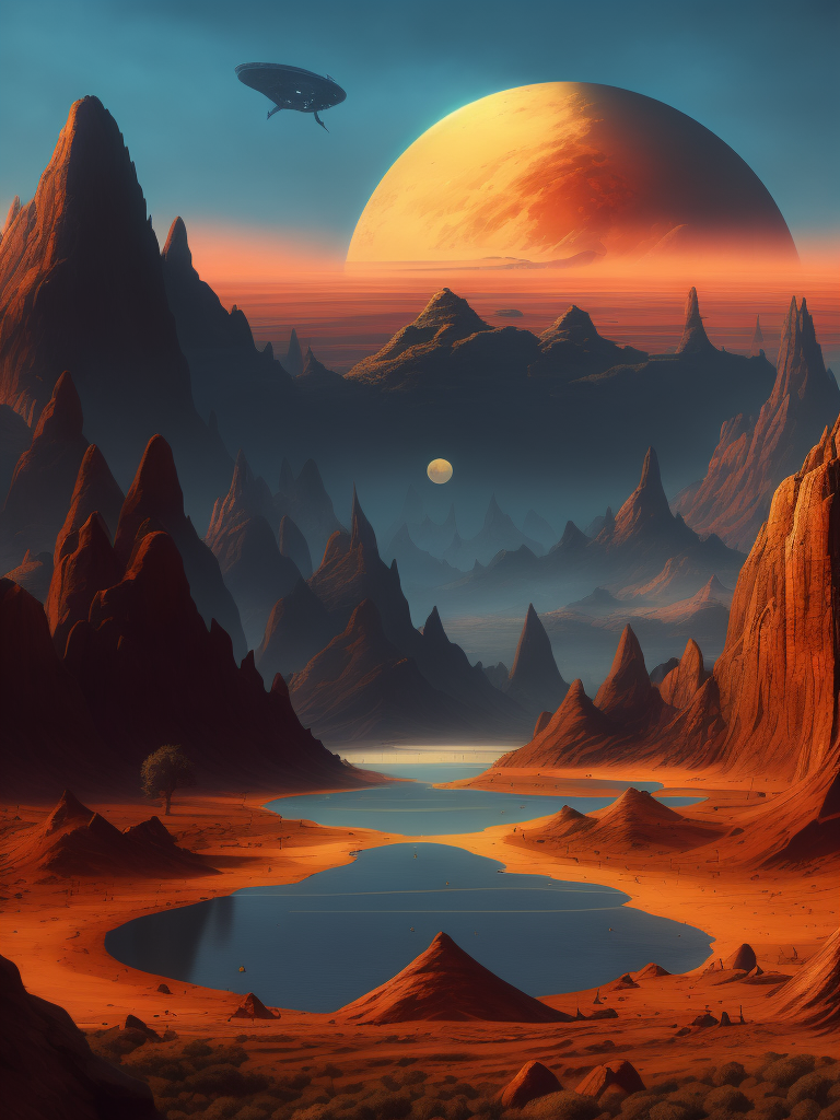 The landscape of an alien planet in the style of Roger Dean and 70's progressive rock