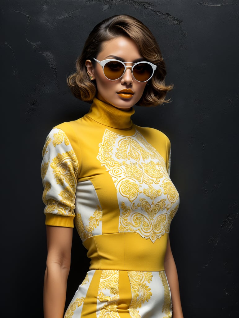 Front profile full body photography, in front of black wall, a hip hop 80's British model woman with 50's haircut, in a yellow and white turtleneck dress and large sunglasses, art by Sergio Lopez and Salvador Dali