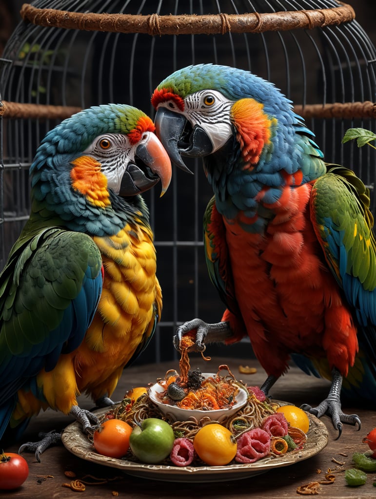 two colorful parrots having romantic dinner inside their cage, eating a plate of plain worms, they are eating the same worm