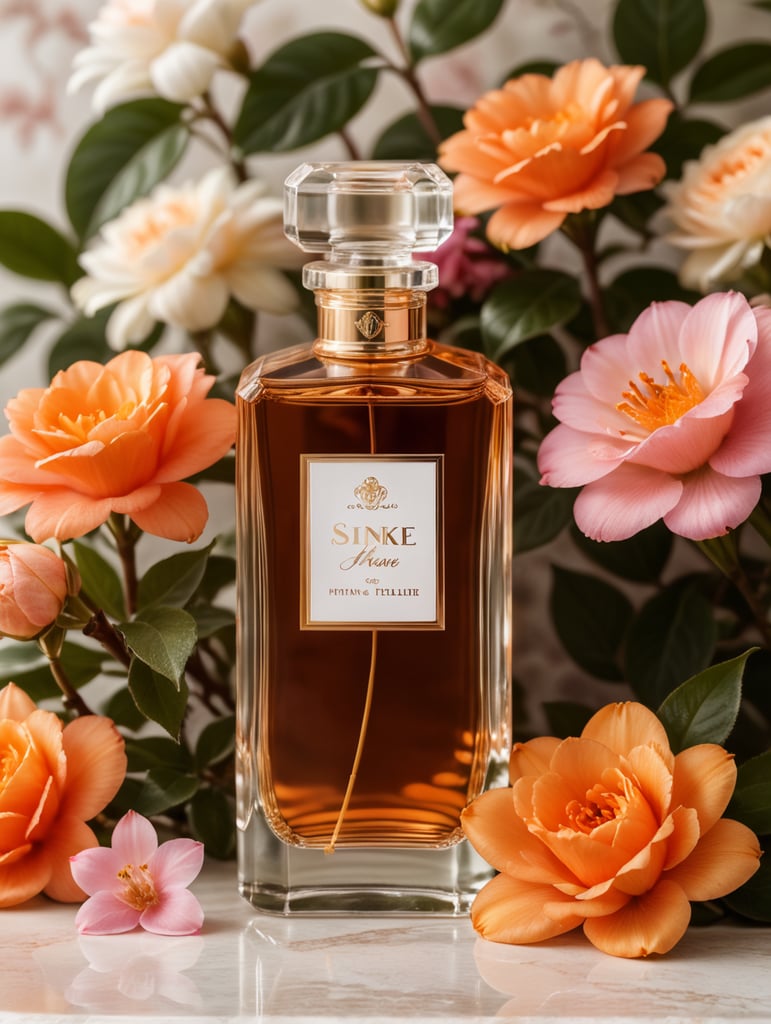 Luxury perfume bottle with blanc label, snake next to the bottle, floral background, pink and orange flowers