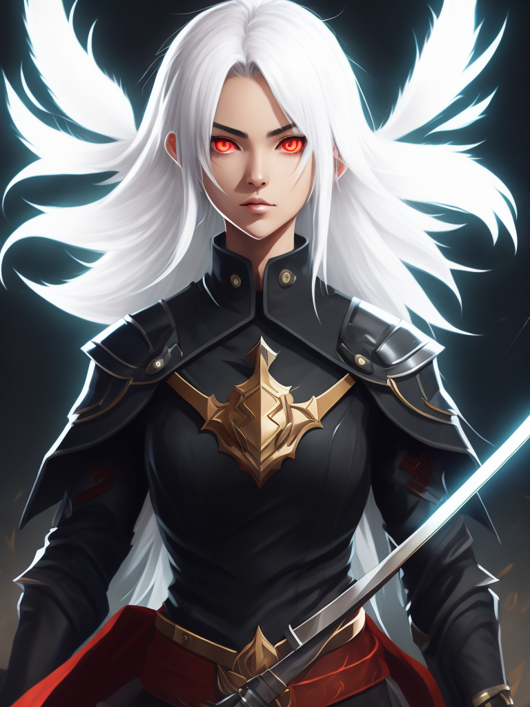 Create a digital artwork featuring an anime girl with white hair and red eyes, holding a sword