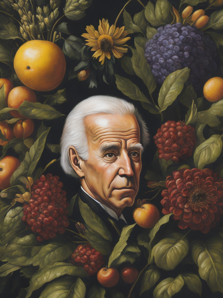 a painting of Joe Biden head surrounded by flowers and fruit, Painting, Oil, Still Life, Botanical, Italy, style of Giuseppe Arcimboldo