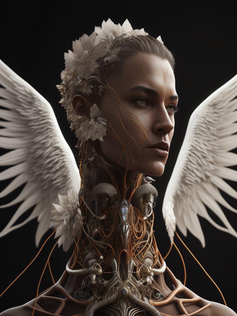 Complex 3d render ultra detailed of a beautiful profile angel, biomechanical cyborg, analog, 150 mm lens, beautiful natural soft rim light, big leaves and stems, roots, fine foliage lace, colorful details, samourai, boris bidjan saberi outfit, pearl earring, piercing, art nouveau fashion embroidered, intricate details, mesh wire, mandelbrot fractal, anatomical, facial muscles, cable wires, microchip, badass, hyper realistic, ultra detailed, octane render, volumetric lighting, red and white with a bit of black, detailled metalic bones, semi human, iridescent colors, glenn brown style, black background
