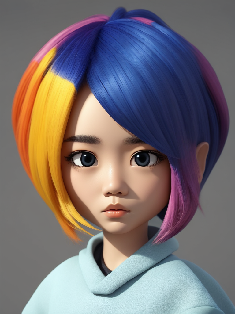 Cute 3d character, korean fashion, colorful hair, blender render, y2k, art toy, creative