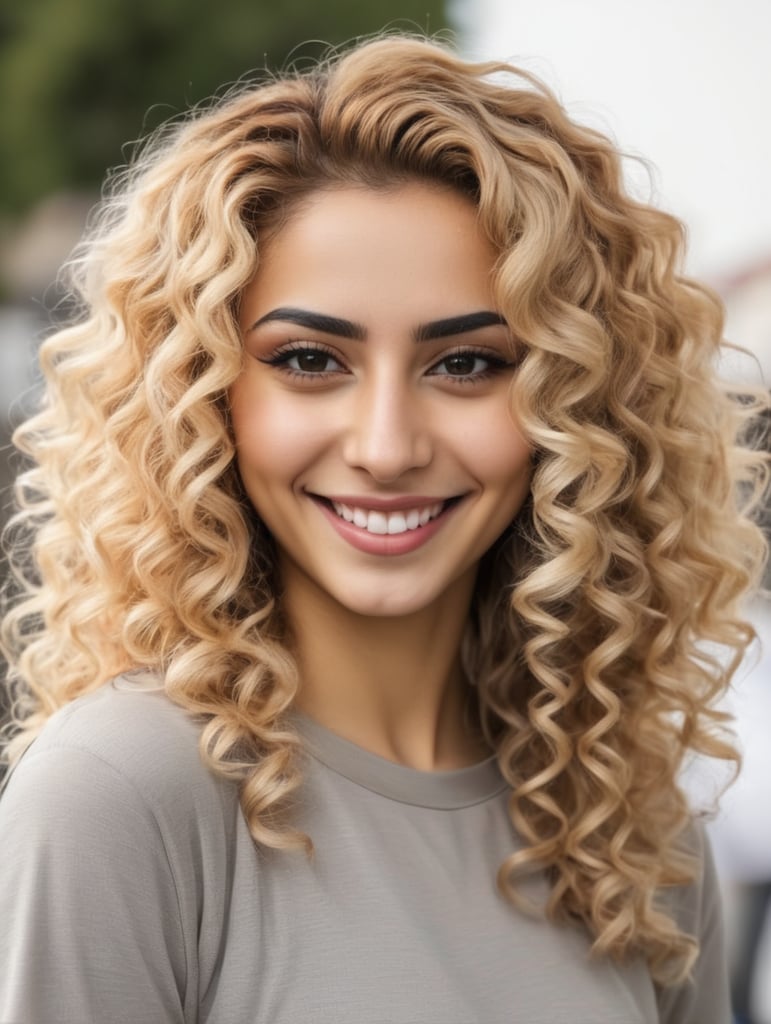 Young Iranian women, curly hair dyed blonde. Smiling.