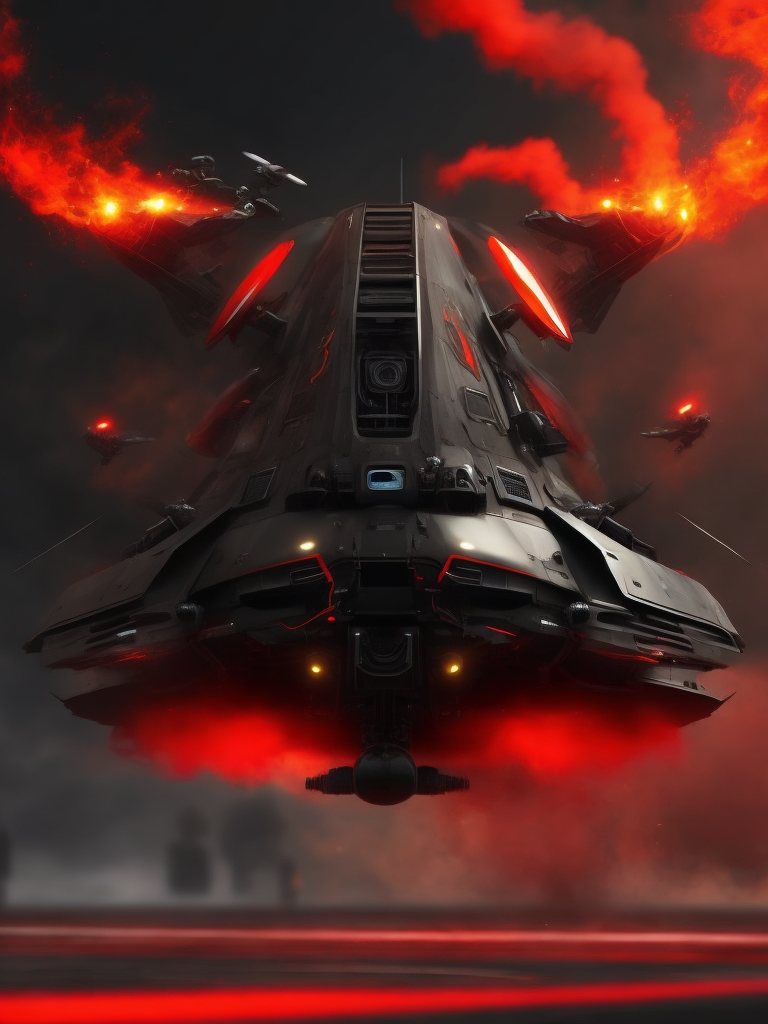 Black cyber military drone, background red smoke