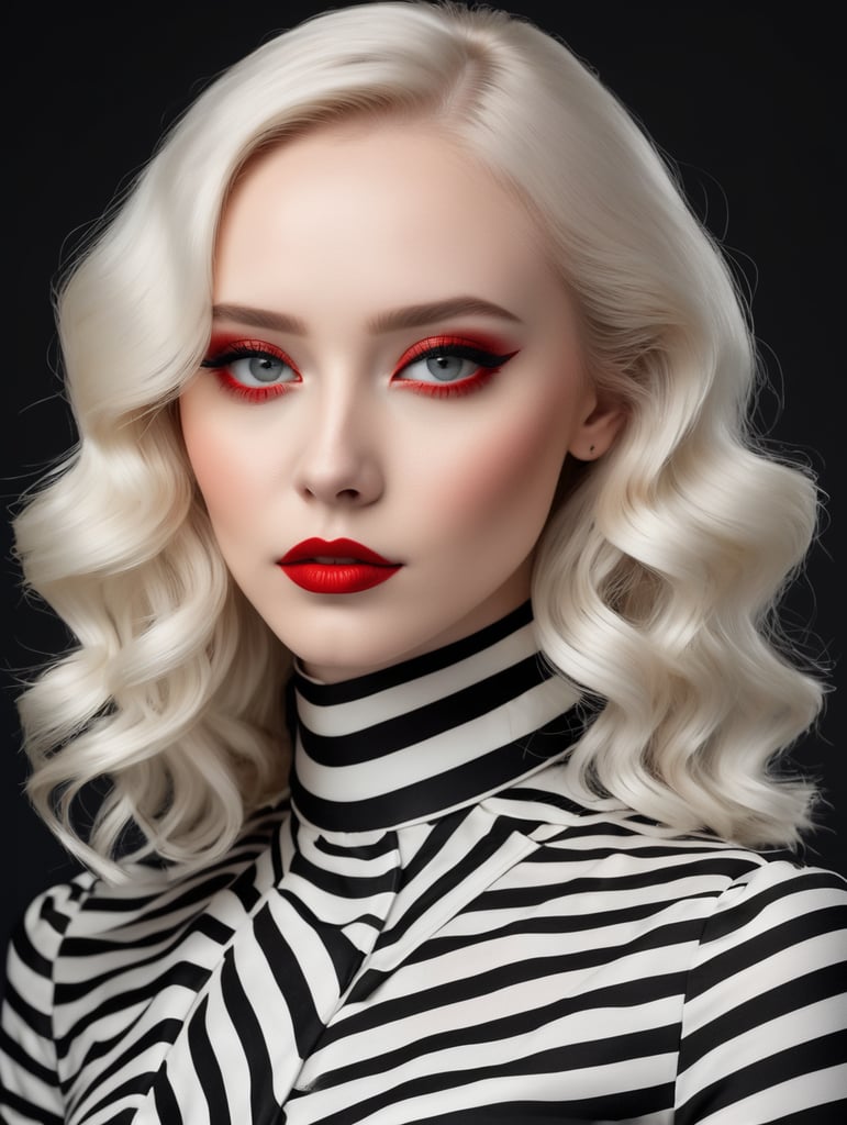 Pale-skinned girl model, wearing a black and white striped dress with a high collar, contrast lighting, Bright red make-up, Black and white curly long hair, fashion model, magazine cover, professional shot, black background