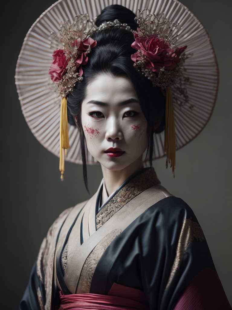 Portrait art of undead geisha, detailed, intricate, full of colour, cinematic lighting, 4k, focused, extreme details, cinematic, masterpiece