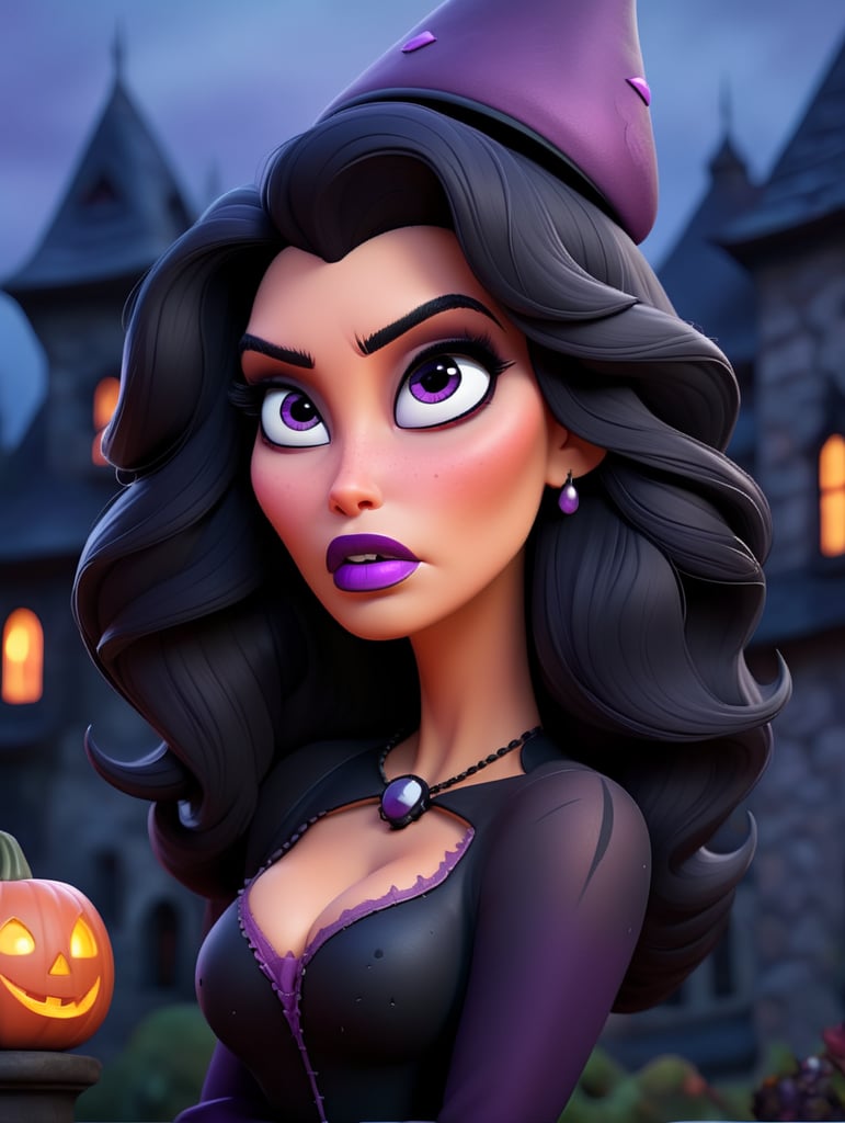 Portrait of Kim Kardashian in a witch costume for Halloween, scary dark makeup on her face, gloomy dark atmosphere, vintage 70s style, purple, pink and black colors, high detail photo, professional photo, against the backdrop of an old creepy castle, contrasting light, bright colors, deep dark atmosphere