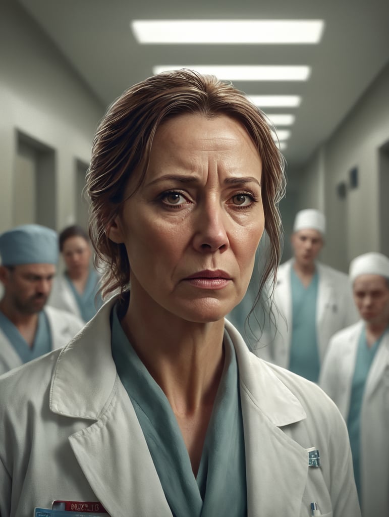 a 40-year-old female doctor, very tired, with an aged face, in a dirty white coat, unmotivated, working night shifts in a crowded hospital corridor, with many patients and nurses along the corridor. Wide view, vignet effect, light focus on face