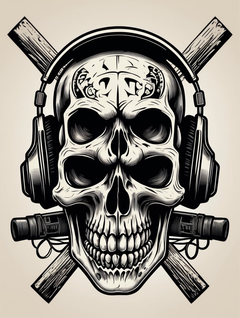 Black and white game over Skull Gaming Logo, linocut, vintage dead head or skull of gamer in headphones, vector image