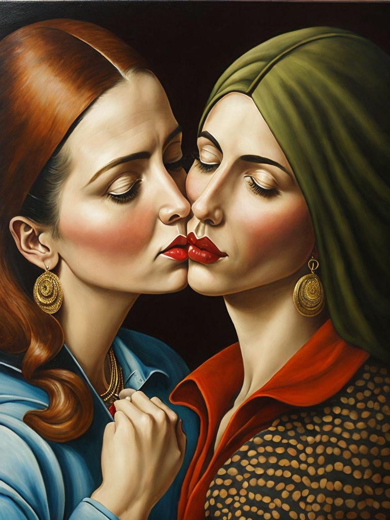 a two women kissing, style of Catherine Nolin, Painting, Acrylic, Oil, Portrait, Interior, USA