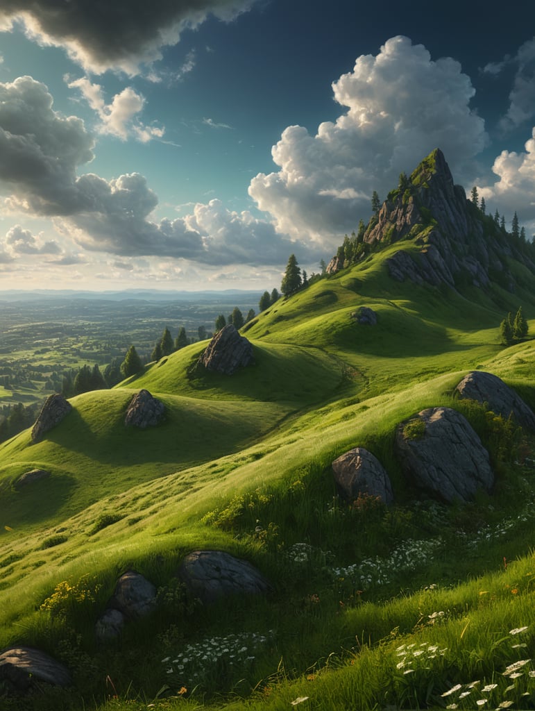 Grassy hill landscape in a cartoon style summer designs The cloudscape backdrop outdoor meadow environment