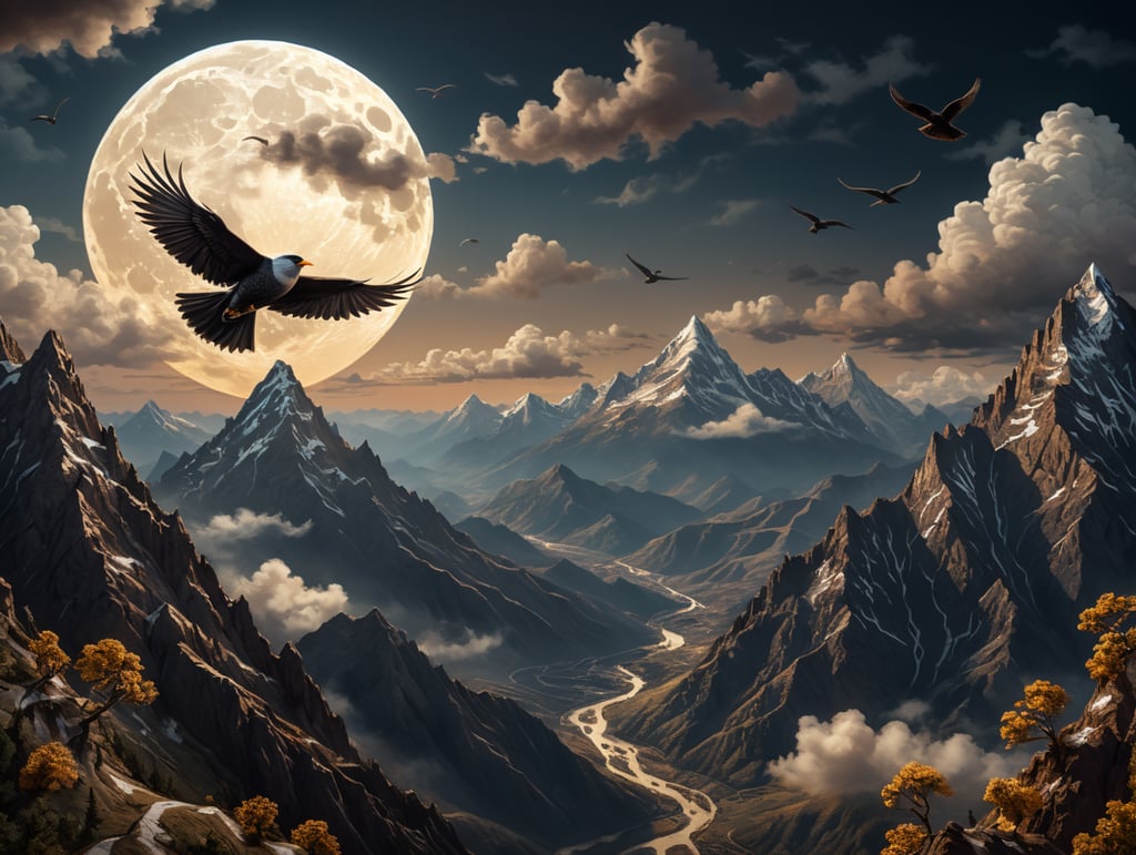 birds in flight over mountain range, moon and clouds in papercut style
