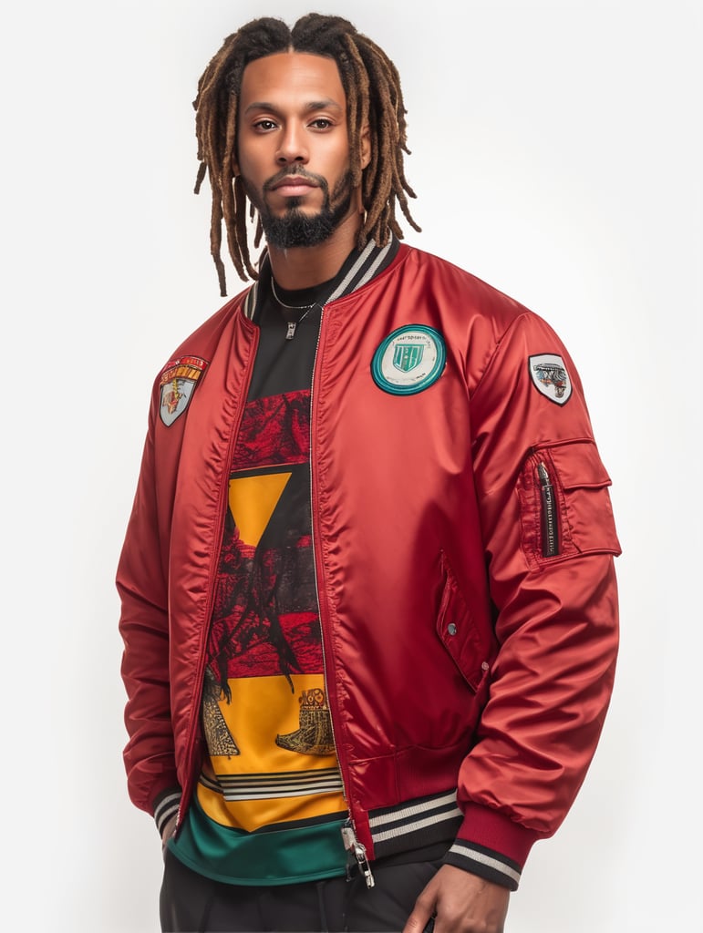 a man with dreadlocks on his head is wearing a colored jersey and a red bomber jacket