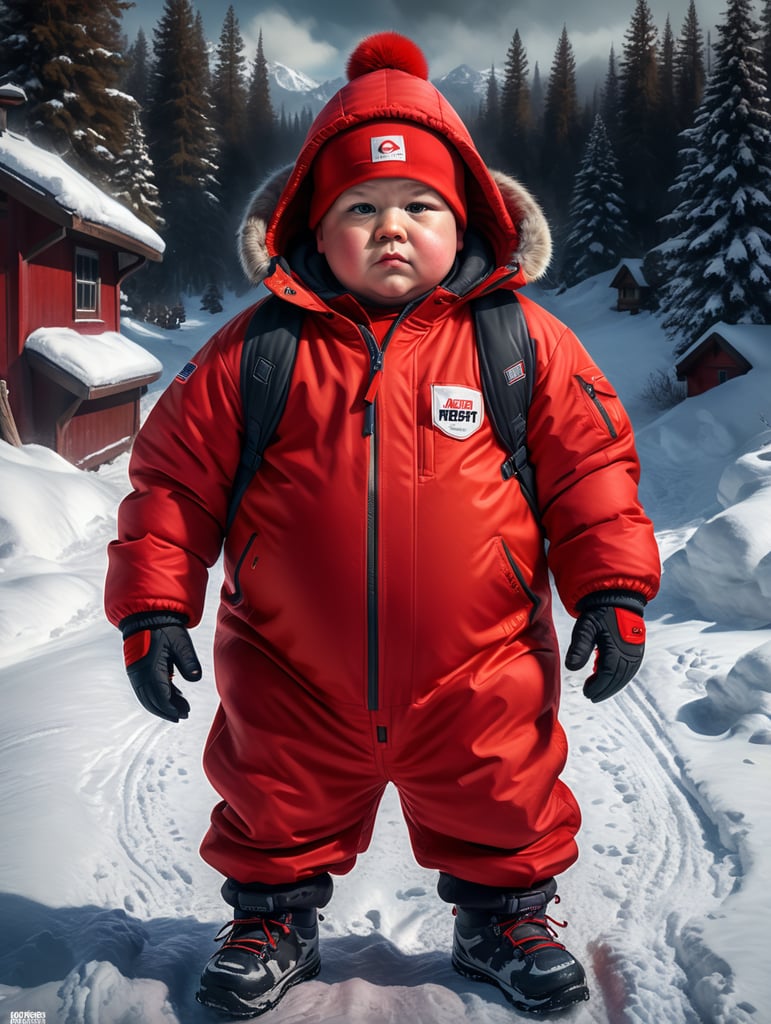 fat boy wearing red snowsuit