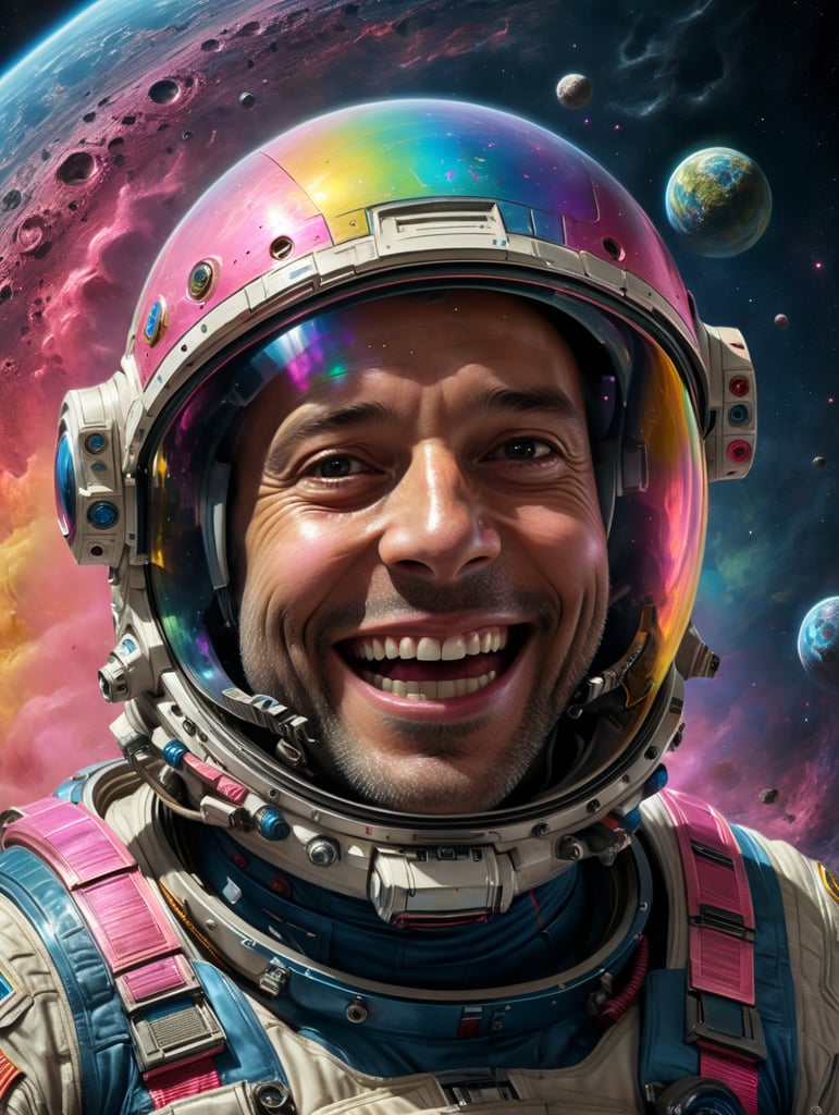 movie still, photo of an astronaut with happy face, Rainbow asteroid, light indigo, neon pink and dark beige, muted tones