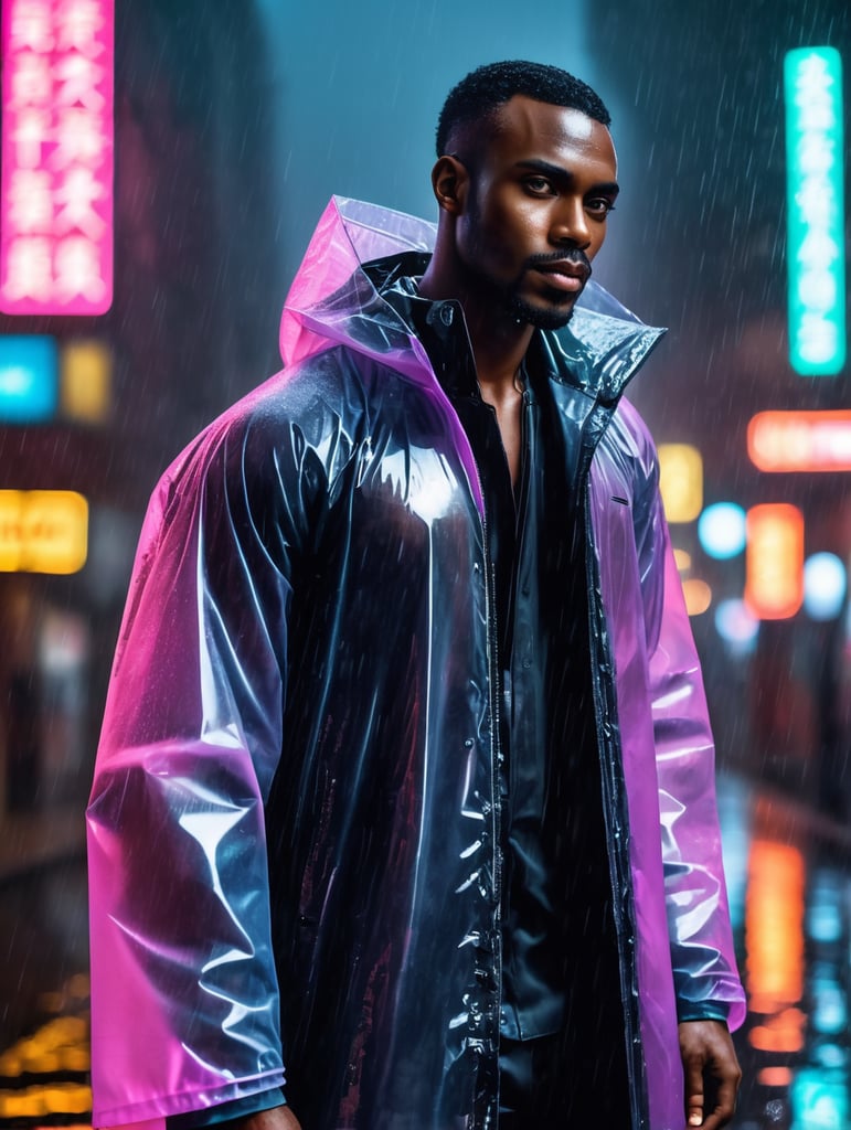 Portrait of A super model black African man wearing translucent raincoat, standing on a street under the heaviest rain, neon cyber city, dark night, neon signs,