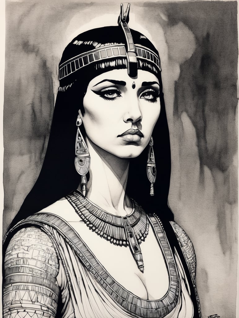 Sad Cleopatra, Ink pen sketch, low light, low detail,